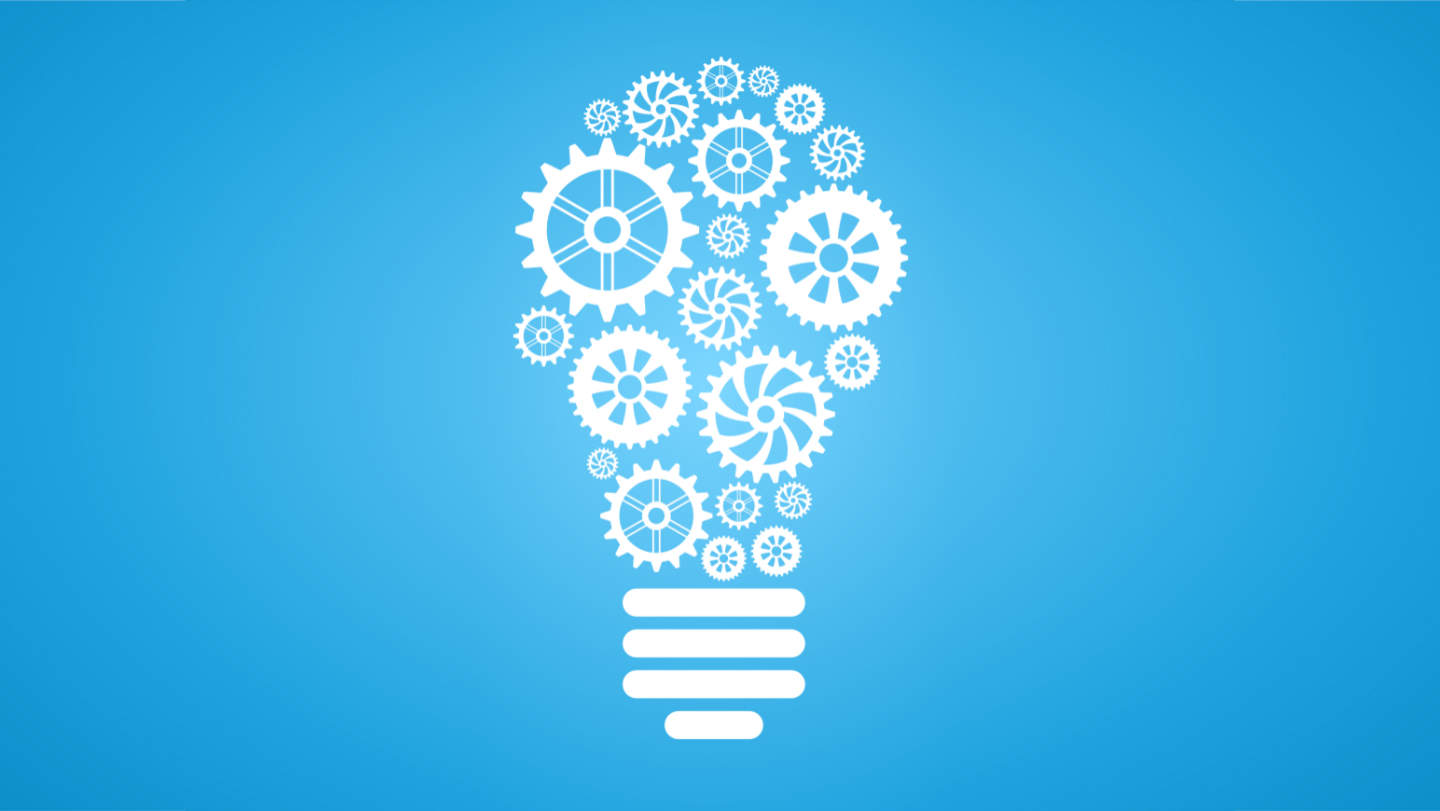 A blue background showcases a light bulb adorned with gears, symbolizing innovation and creativity.